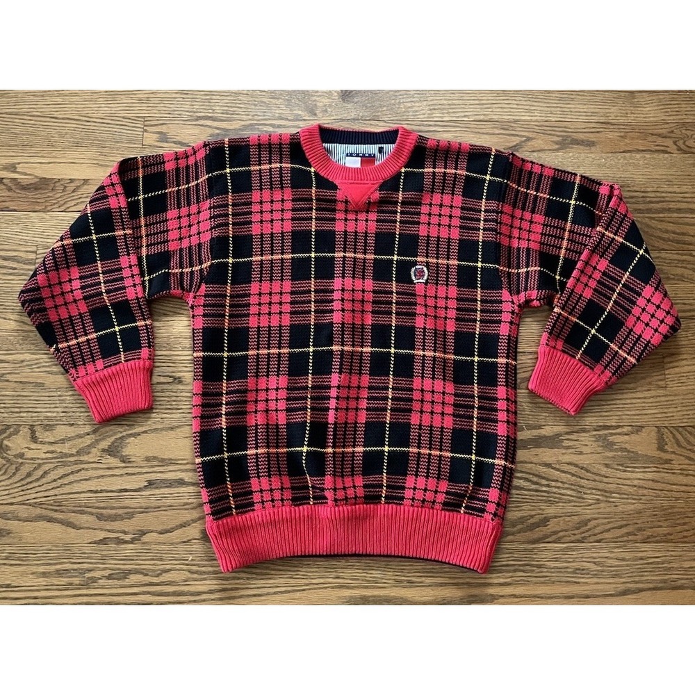 Tommy Hilfiger Men's Red‎ Regular-Fit Plaid Heavyweight Sweater Size Medium